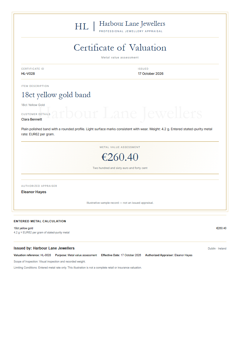 Harbour Lane Jewellers sample valuation for Clara Bennett, showing an 18ct gold band, EUR260.40 and appraiser Eleanor Hayes