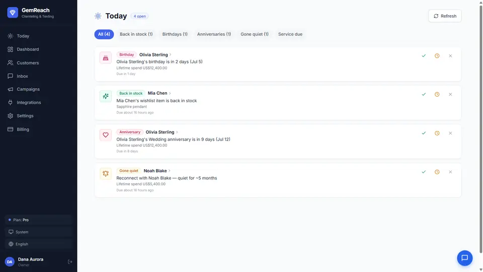 GemReach: The Today list of clients to contact