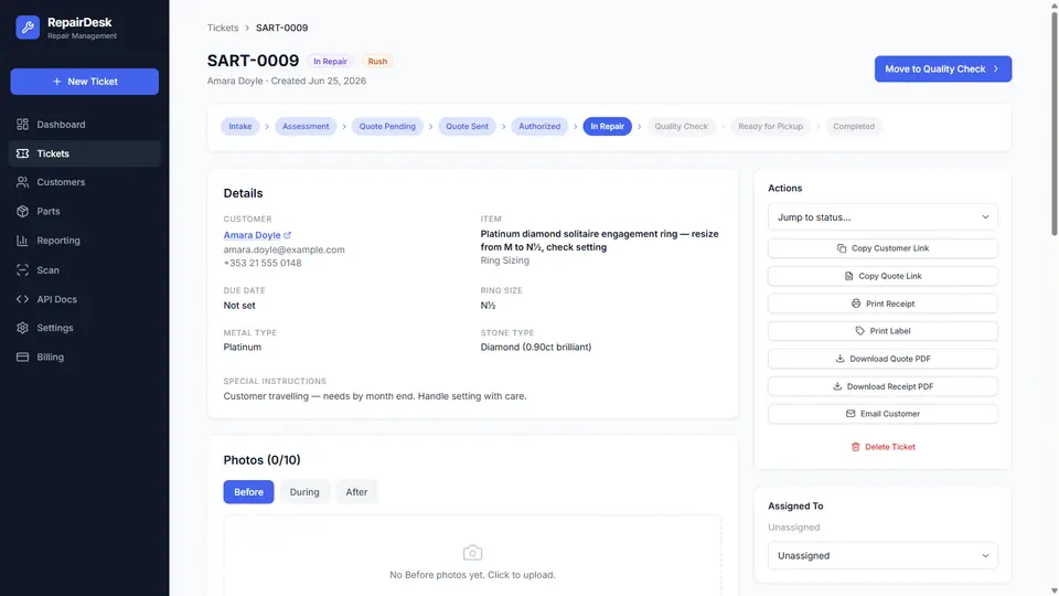 RepairDesk: A repair ticket with its stages