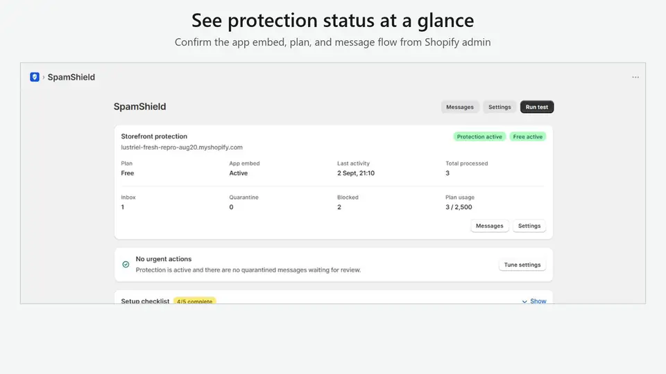 SpamShield: Protection status at a glance