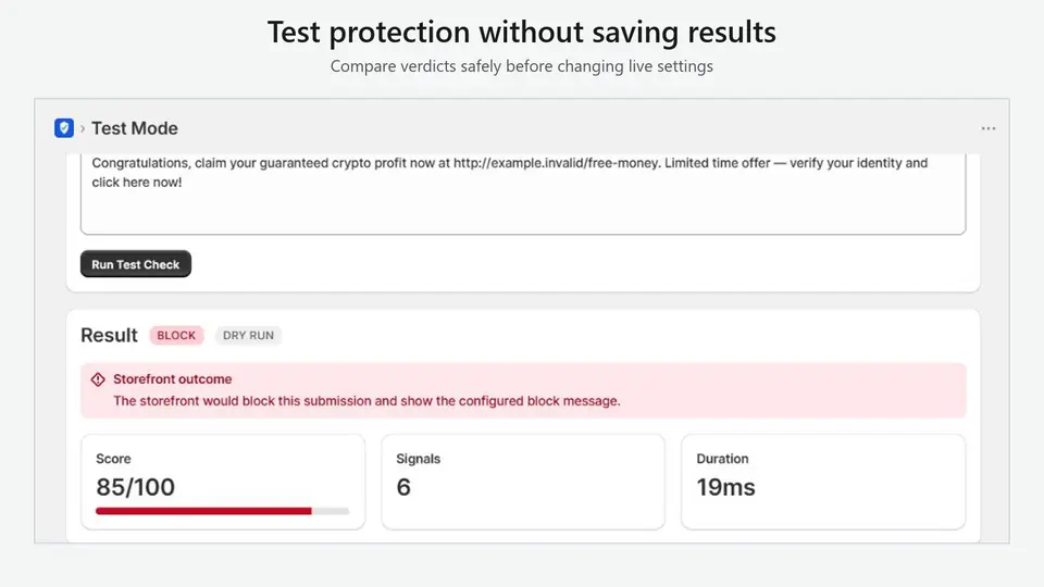 SpamShield: Test mode for checking a message safely