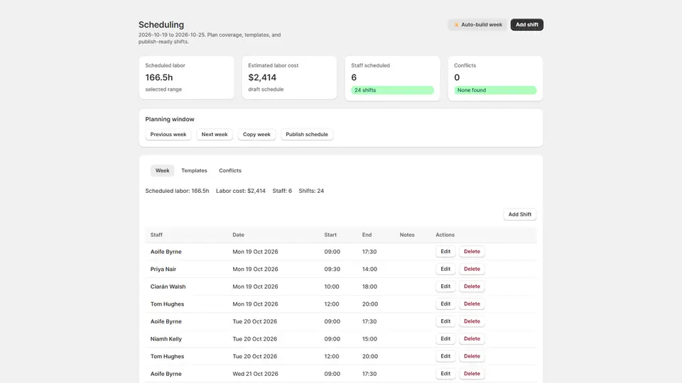 Staff Hub: Weekly scheduling with labour cost and conflicts