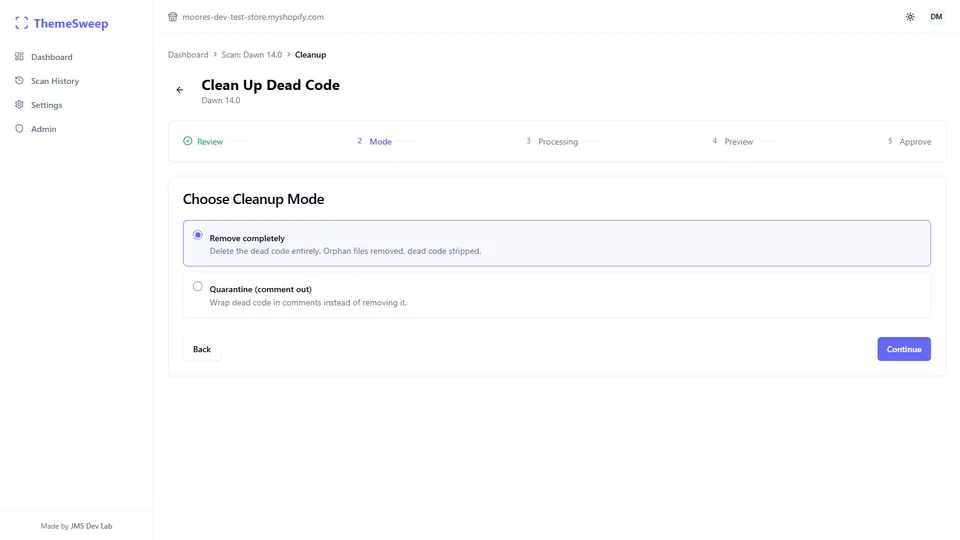 ThemeSweep: Choosing a cleanup mode