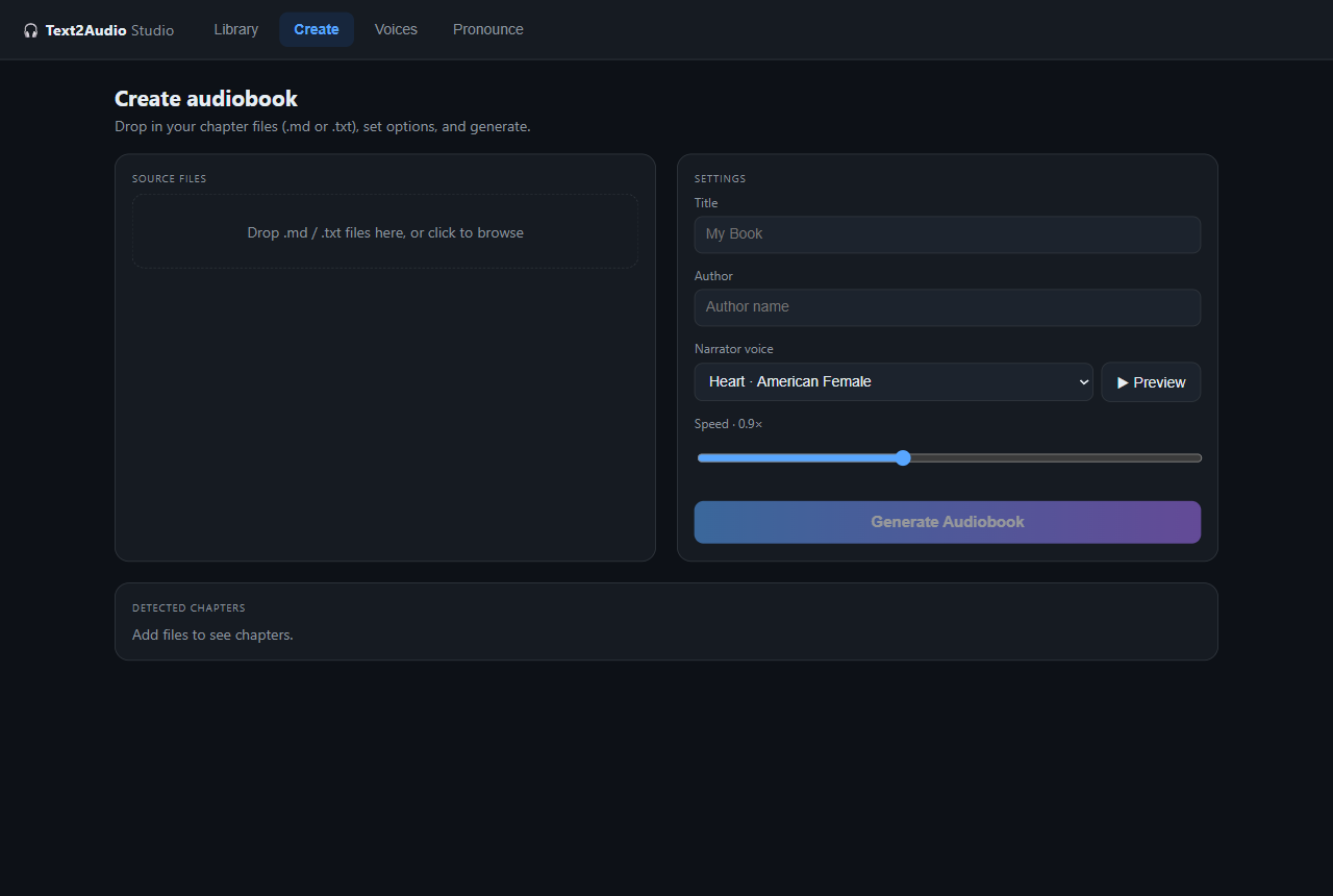 The Text2Audio Studio &mdash; importing chapter files and choosing a narrator voice