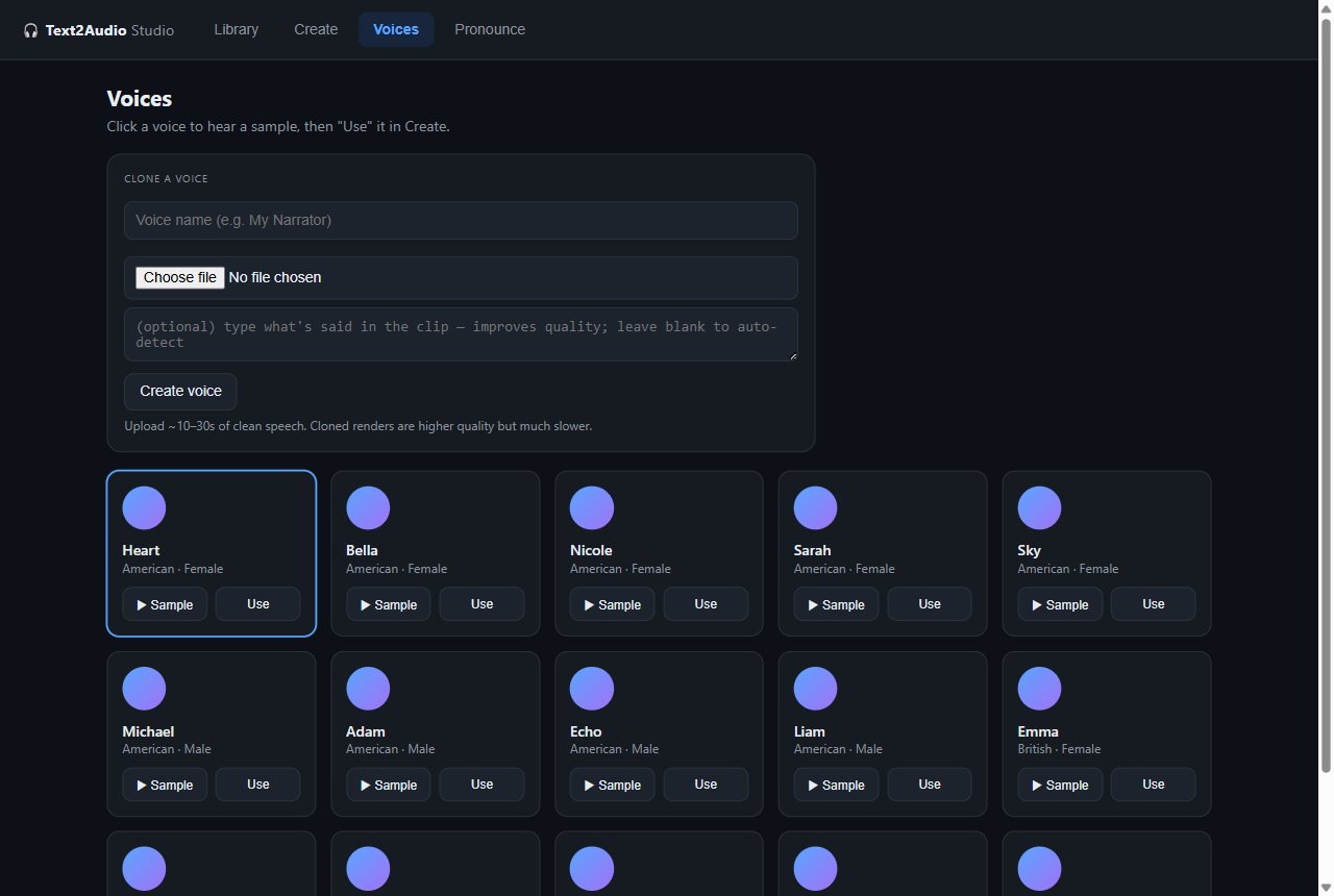 The Voices tab in Text2Audio, with a gallery of narrators and a voice-cloning panel